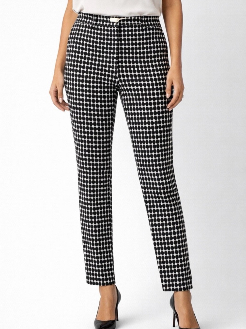 Roz & Ali Petite 4 Petite Ankle Pants Black White Geometric Slim Stretch